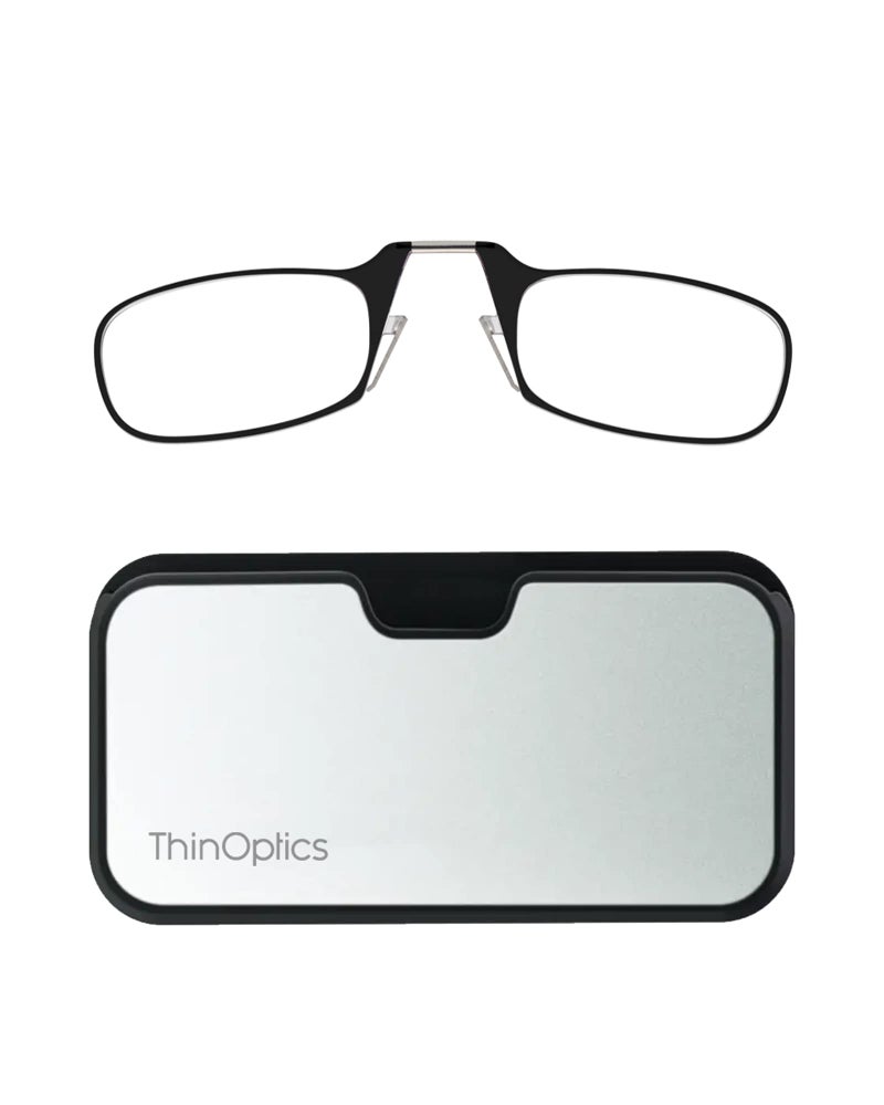 ثين أوبتيكس حافظة وقارئات ThinOptics عالمية، نظارات قراءة مستطيلة الشكل، جراب معدني أسود فضي بإطارات سوداء، قوة 1.5 - Image 1